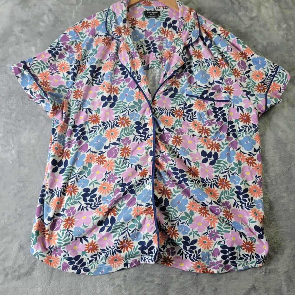 Kate Spade New York Floral Pajama Top XL Short Sleeve Button Down Piping 2959